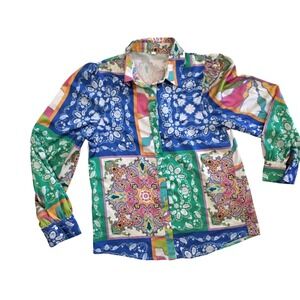 SHEIN Women Scarf Print Button Up Blouse Multi Color Paisley Patchwork Top M